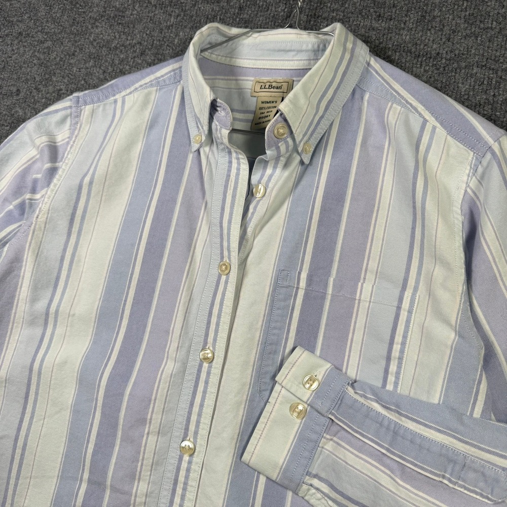 LL Bean Button Down Shirt Womens Small Blue Purple Striped Cotton Oxford